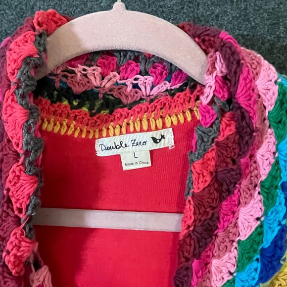 Double Zero Boho Crochet Ruffle Vest Rainbow Trim Cardigan Open Front - Picture 2 of 12